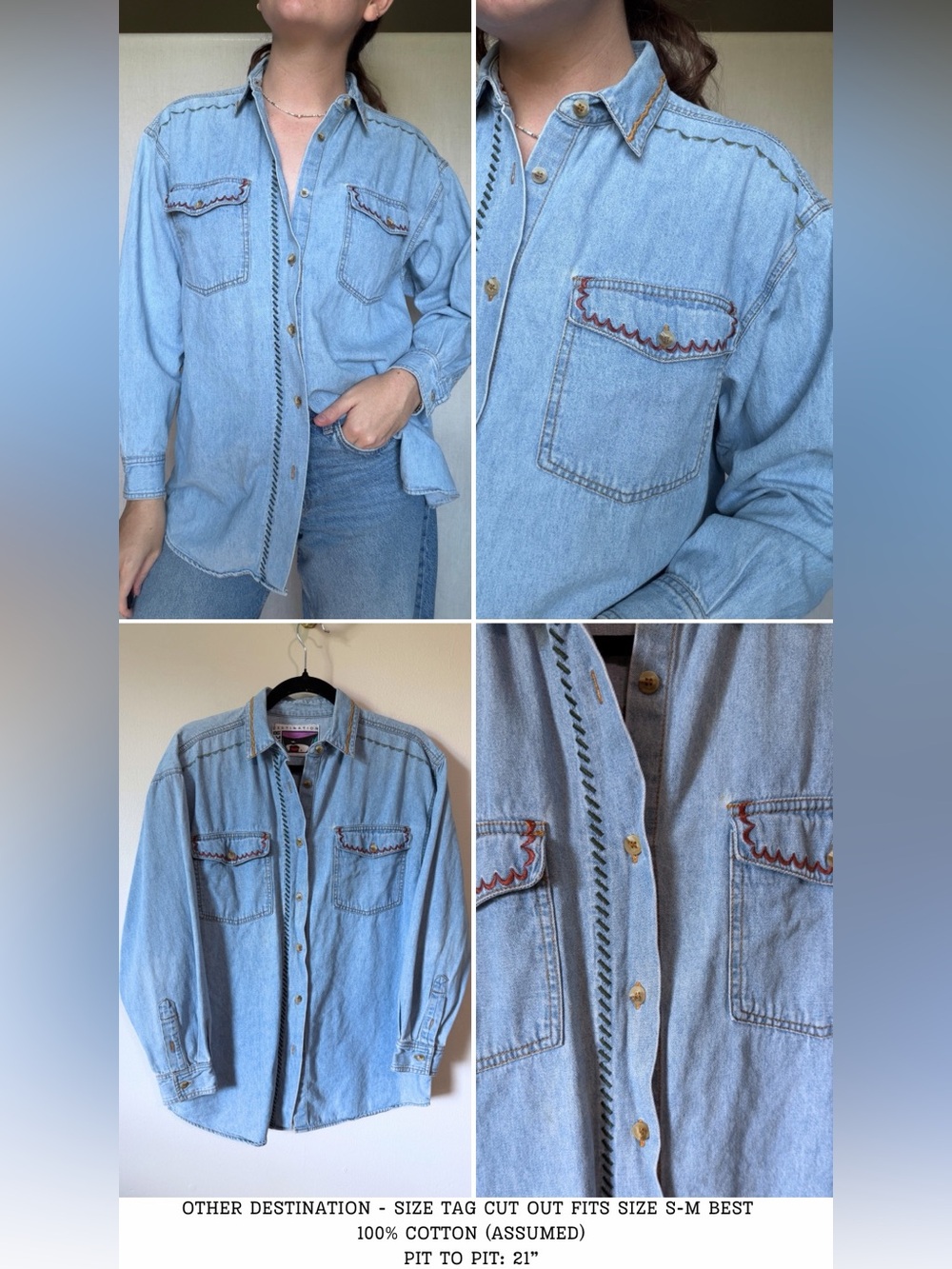 90s butter mom embroidered denim button up shirt 100% cotton fits size sm./med. - Picture 4 of 4